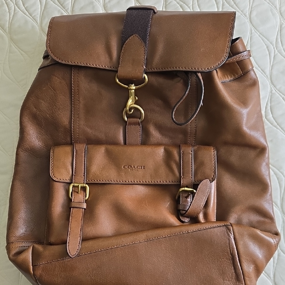Coach Tan Brown Leather Buckle Backpack with Brass Hardware
